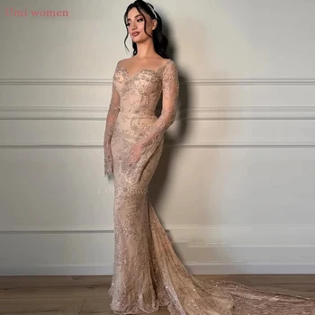 Customized Champagne Lace Party Dresses Sweetheart Mermaid Formal Occasion Dress Women Long Sleeves Beaded Bridal Gowns Vestido 1