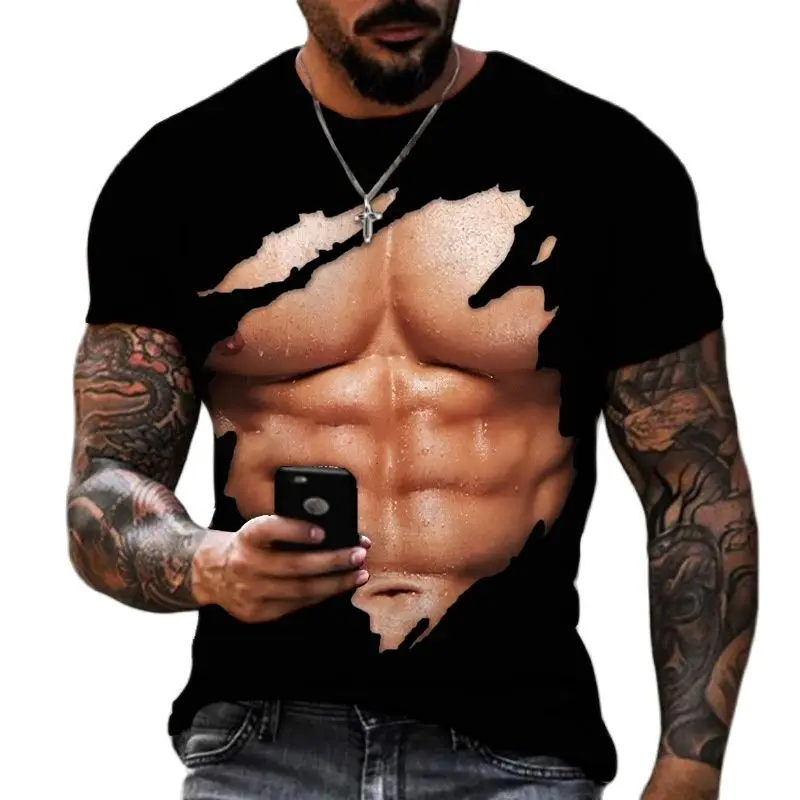 

Summer Fashion Personality chest muscle abs graphic t shirts Men Casual Hip Hop Harajuku 3D Funny Printed Short Sleeve Tees Top