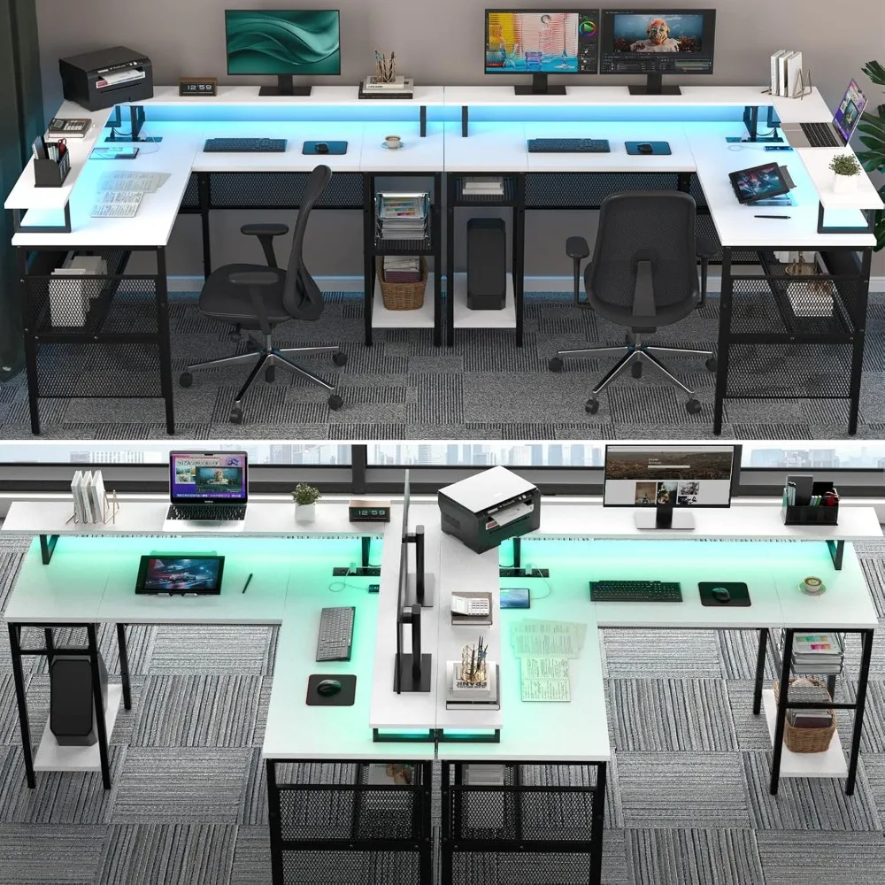 L-Shaped Desk with LED Strip and Power Outlets, Reversible Corner Computer Desk with Monitor Stand and Storage Shelf, 6