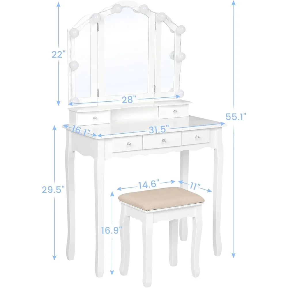 Makeup Vanity with Lights, Vanity Desk with Lighted Mirror and Stool, Vanity Table Set with Drawers, 3 Light Settings 6