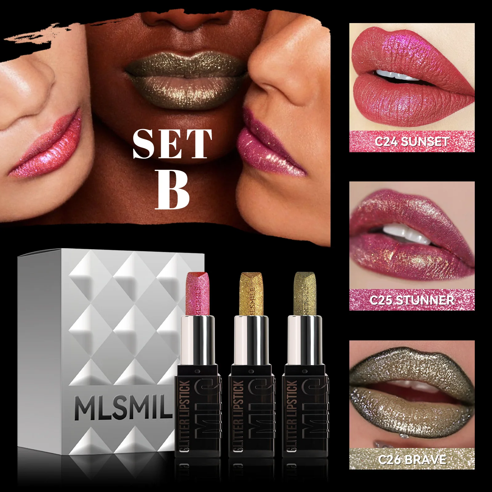 thumbnail image 1 of 3Pcs Diamond Shimmer Lipstick Lip Gloss Set High Pigmented Long Lasting Sexy Glitter Lipgloss Pearlescent Lips Makeup Cosmetics, 1 of 5