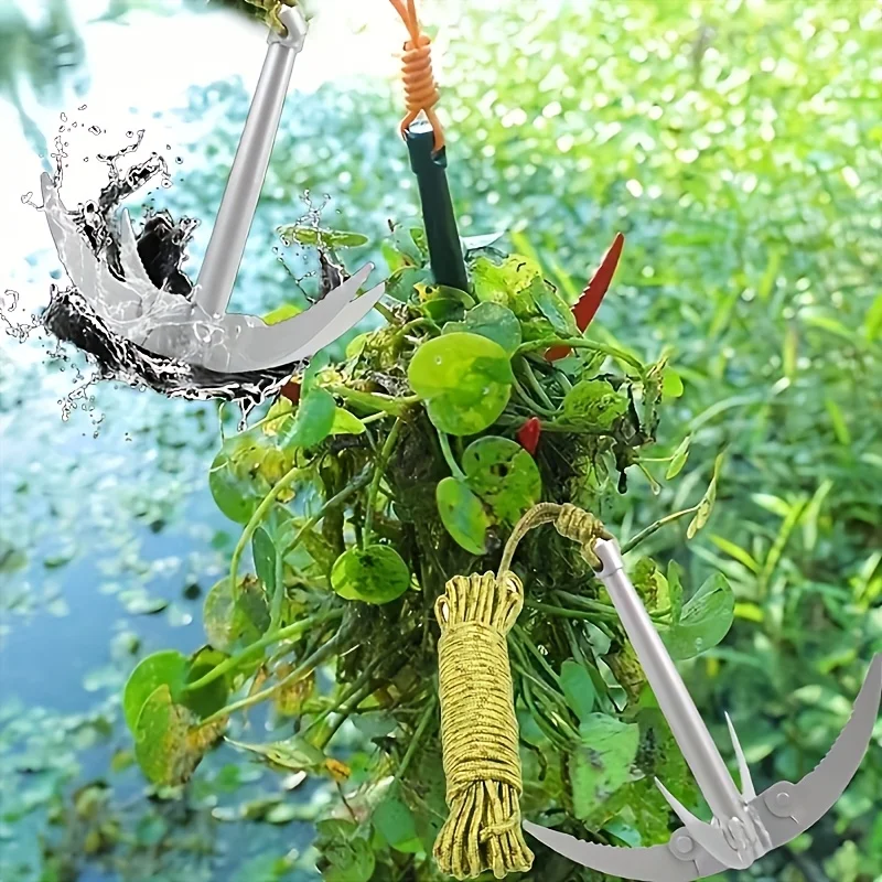 High-Efficiency Foldable Weed Remover with 393.7" Rope-Galvanized Iron, Easy Aquatic Plant Extraction, Includes Quad Anchor