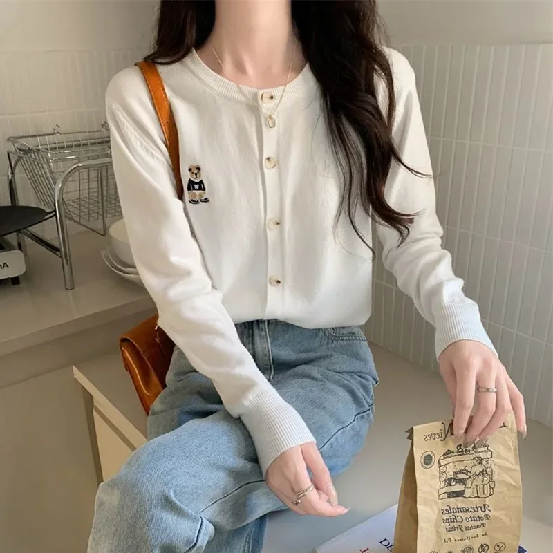 Spring Autumn Women's Knitted Cardigan Korean Single Breasted Long Sleeve Jumper Woman Chic Round Neck Cardigans Outwear