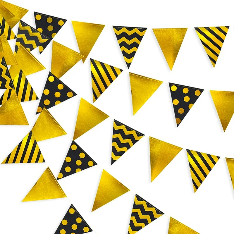 Party Decorations Birthday Banner Birthday Streamers Black Gold Triangle Pennant Banner for Party