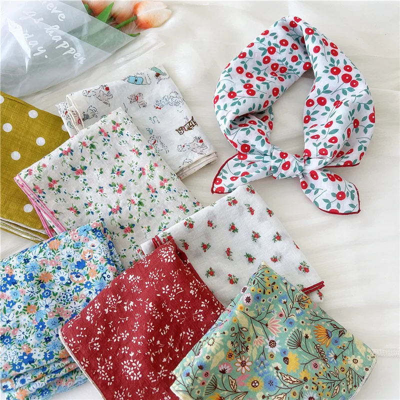 

Floral Print Kerchief Square Scarves Bandanas Scarf for Women Neckerchief Cotton Linen Headband Headscarf Hair Band Turban 55cm