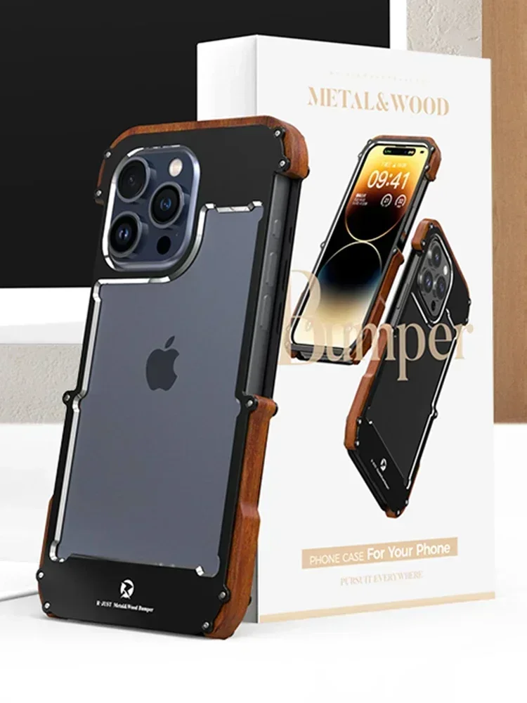 Original R-JUST For iphone 15 Pro Max Frame Case Metal Wood 14 Plus Luxuty  Bumper 13 Pm 12 Lightweight Non-Slip Cover Funda Skin - AliExpress