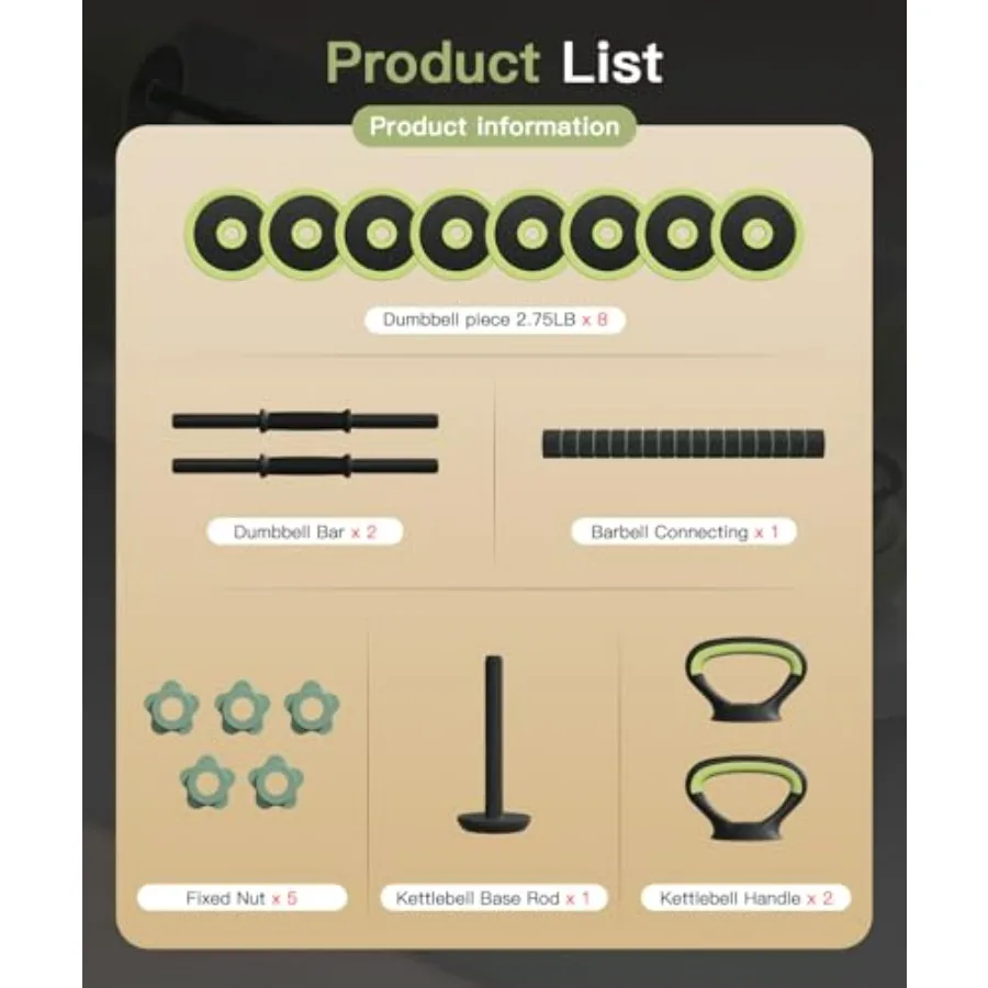 Adjustable Dumbbell Set 22LBS (Total Weight of Plates), 5-in-1 Free Weight Dumbbell Set Used as Dumbbell，Kettlebell,Barbell, Pus