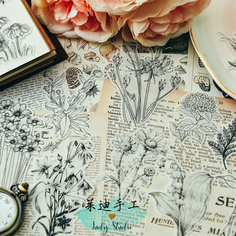 Drawing Plant Junk Journal Ephemera Vintage Sticker Flower Album Aesthetic Sticker Scrapbooking Material 58 Pcs