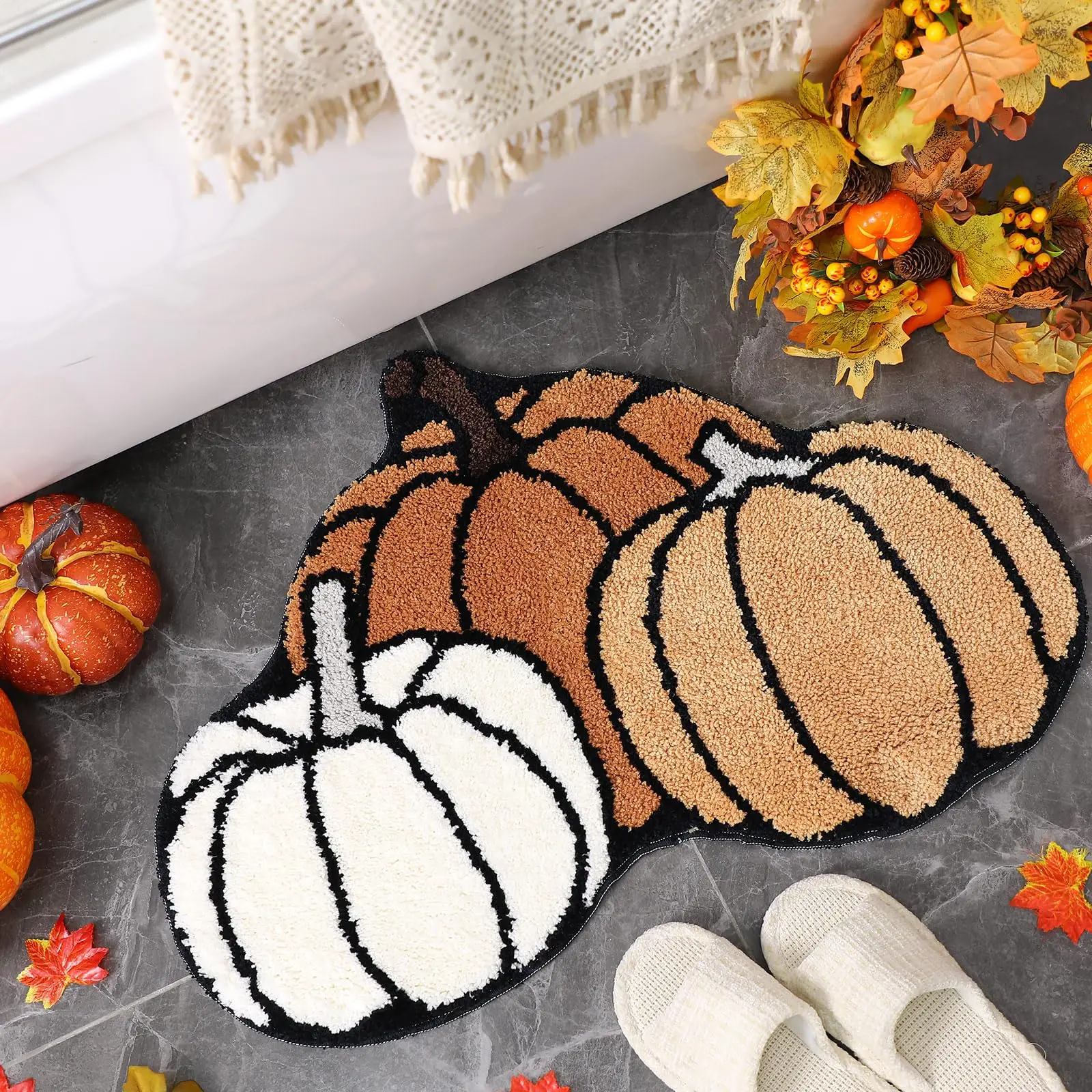 Vikama Fall Pumpkin Bathroom Rug Thanksgiving Day Door Mat Funny Pumpkin Shape Non Slip Washable Bath Mat Home Entrance Decor 2