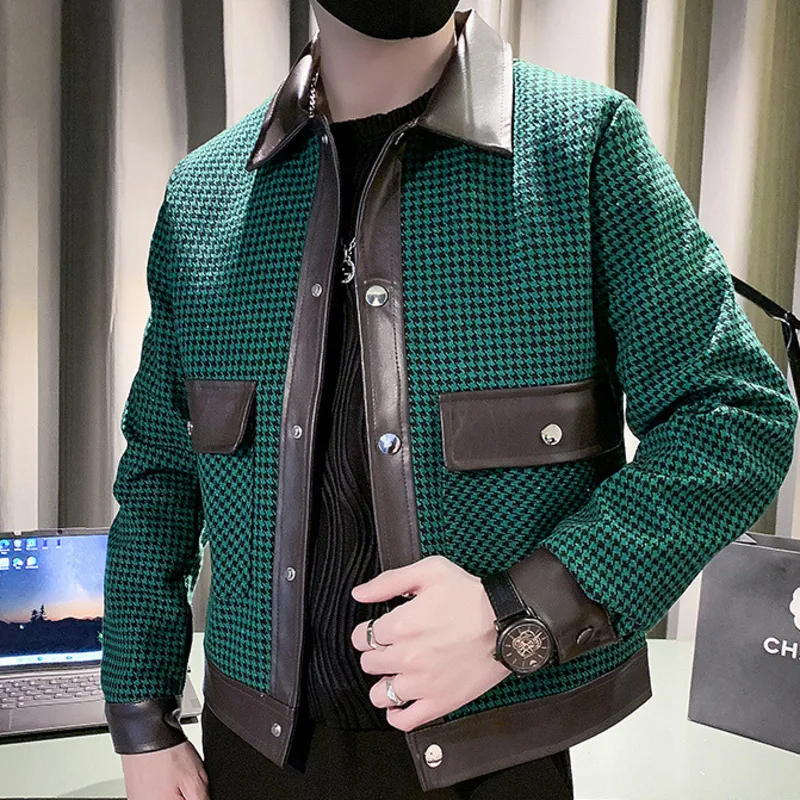 

Leather Color Contrast Stitching Jacket Coat Houndstooth Pattern Lapel Casual Mens Coat Jaqueta Motoqueiro Spring Vintage Jacket
