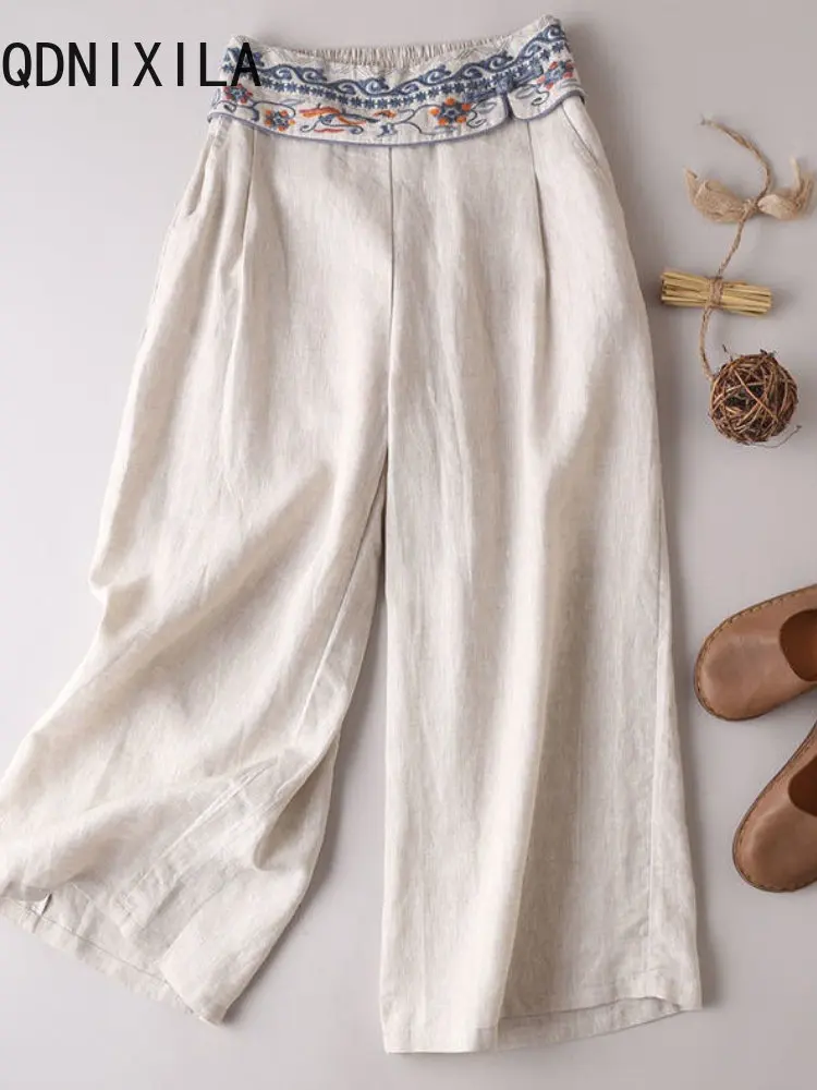 

Summer Women's Short Pants 2023 New Korean Fashion Casual Loose Wide Leg Pants Embroidery Elastic Waist Capris Streetwear Women
