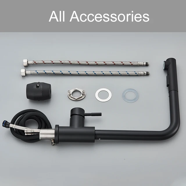 จัดส่งฟรีสีดําดึงออกก๊อกน้ําอ่างล้างจานสองรุ่น Stream Sprayer หัวฉีดสแตนเลสร้อนน้ําเย็น Mixer Tap Deck 6