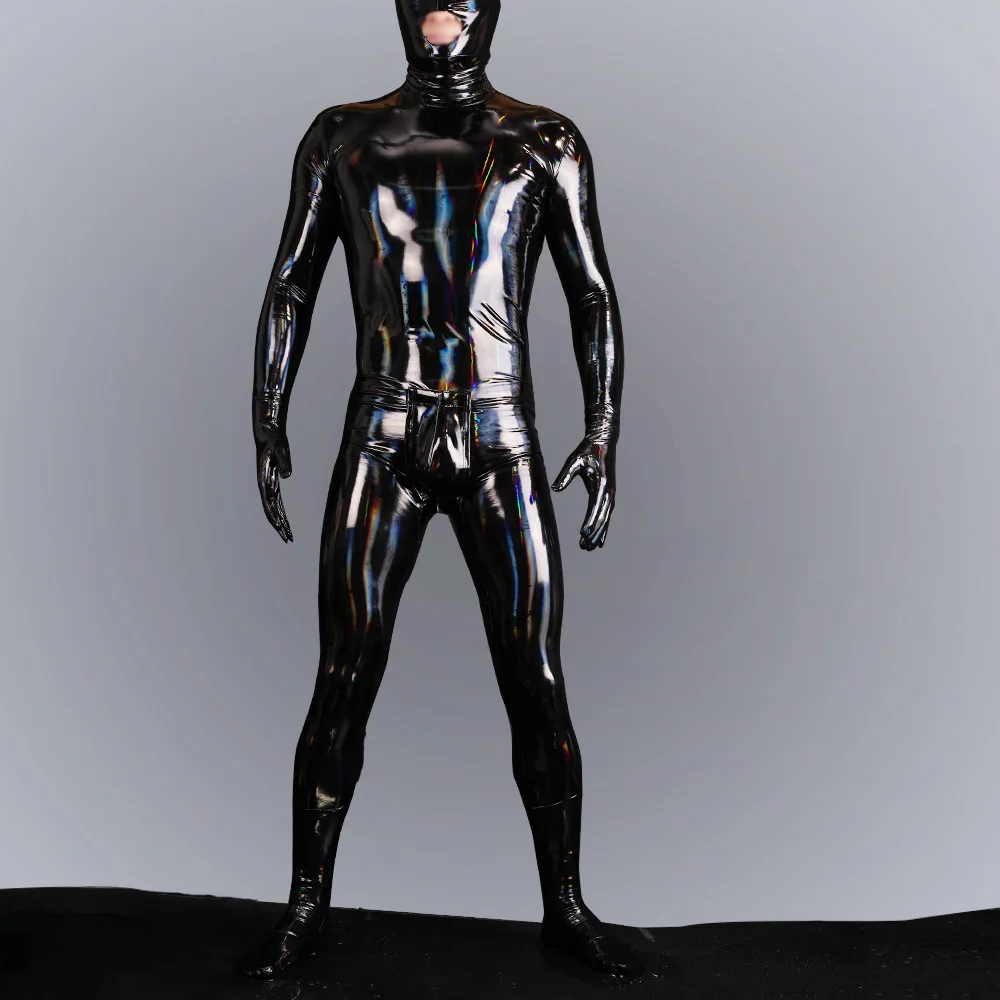 Cosplay Men Maid Jumpsuit PU Leather Shiny PVC Catsuit Laser Wet Look High Elastic Full Body Bodysuit