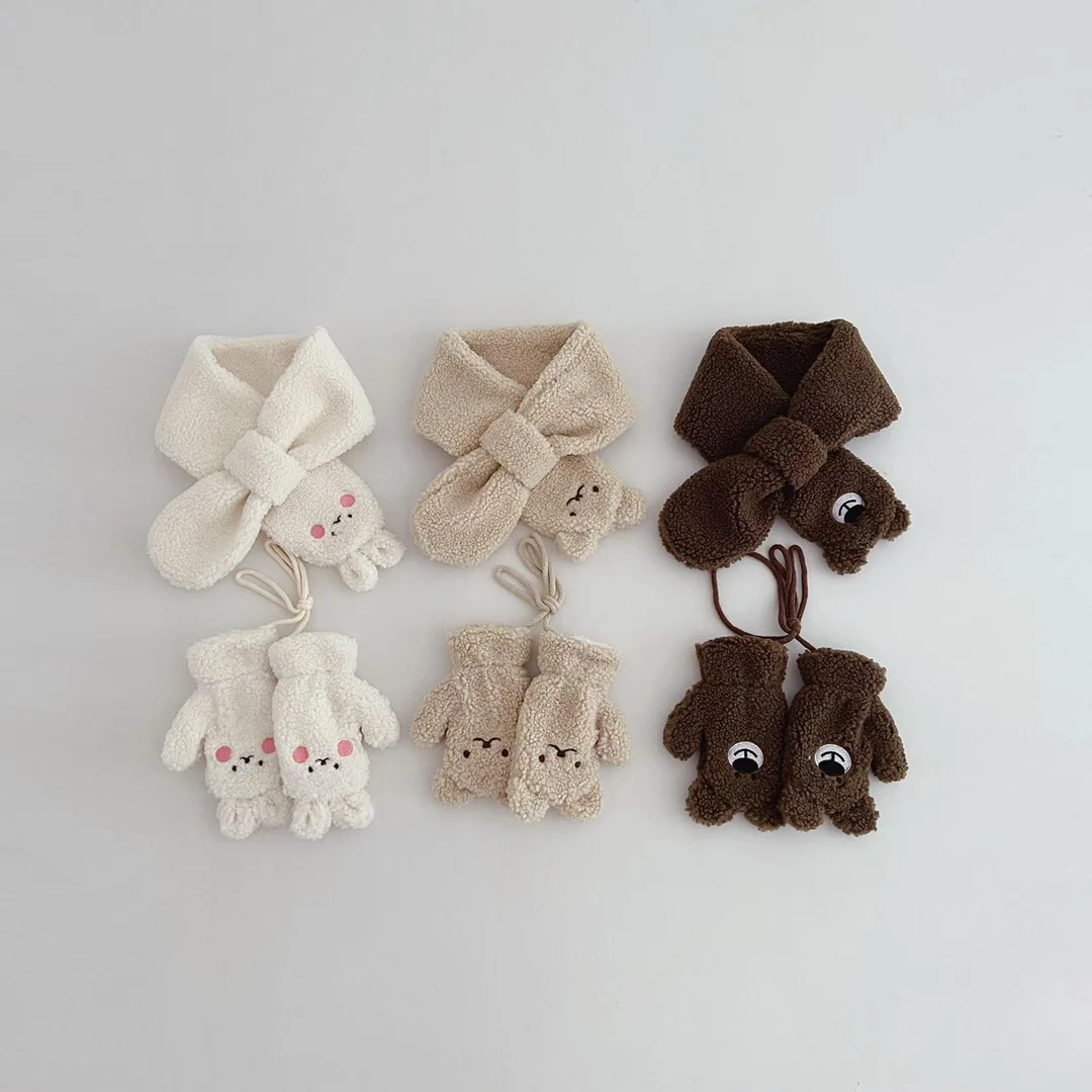 2Years + Korean Style Children's Scarf Winter New Ins Cartoon Bear Boys and Girls Baby Scarfs Sets