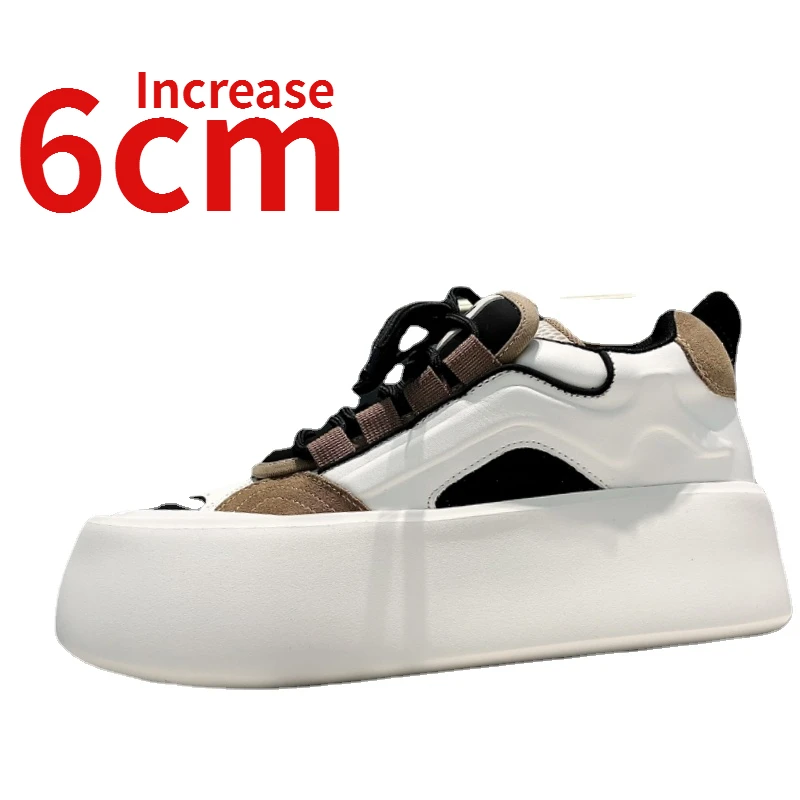 

European/American Increased 6cm Board Shoes for Men Genuine Leather Thick Platform Shoes Men's Fashion Sports Casual White Shoes