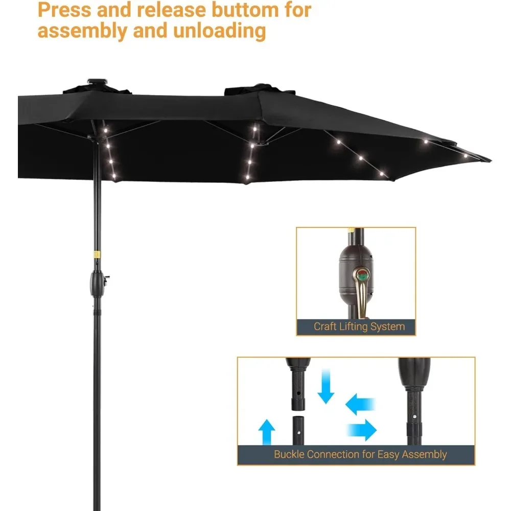 Patio Umbrella 15x9FT LED Double-sided with UPF50+ and Wind-Resistant Design, (No Base), Effortless Operation Outdoor Umbrella 5