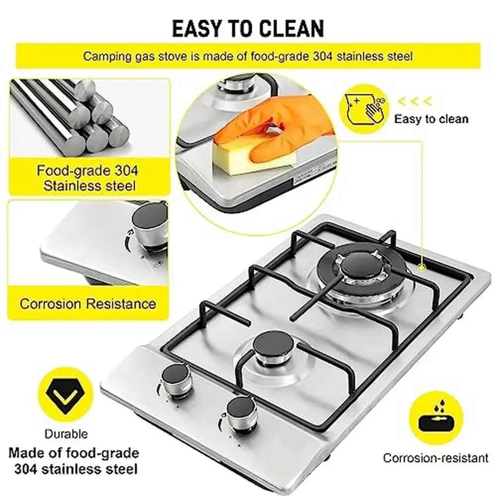 12" Stainless Steel Dual Fuel Gas Cooktops 2 Burner Propane/Natural Gas Stove Drop-in Easy to Clean Top with Electric Ignition