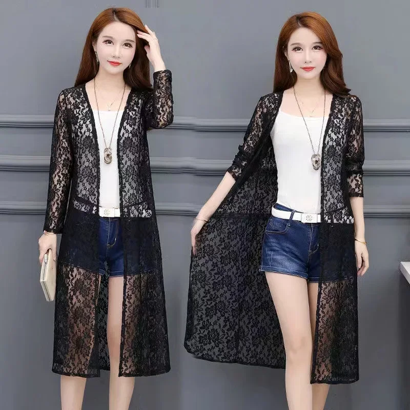 Summer Women Sun Protection Lace Cardigan Mid-length Mesh Shawl Loose Clothing Women Jacket Shirt Outerwear