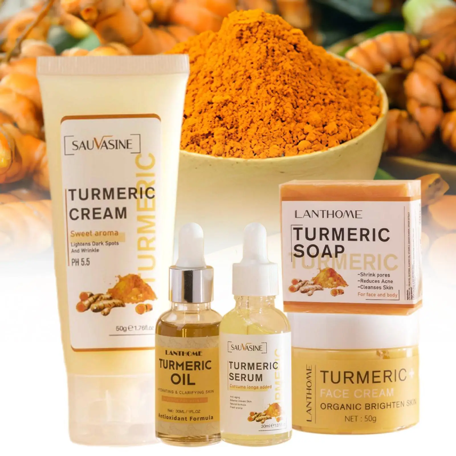 

5pcs Face Care Sets Turmeric Facial Acne Cleansing Serum Anti-Aging Skin Turmeric Dark Cream Moisturizing Spots Fade Z5H1