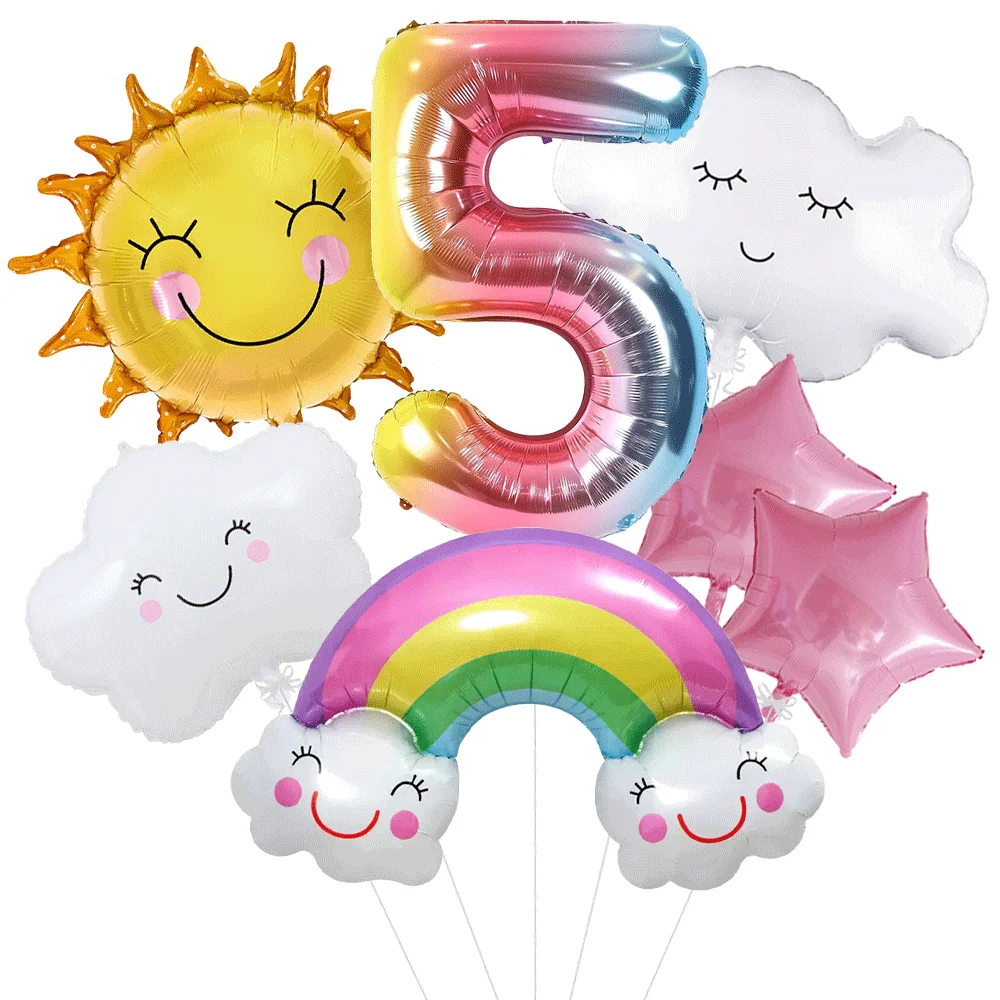 Sunshine Regenbogen-Geburtstagsballons-Set mit Sonnensterne, Wolken und 32 Zoll Zahlen, 1–9 Folienballon, Mädchen-Regenbogen-Partydekorationen
