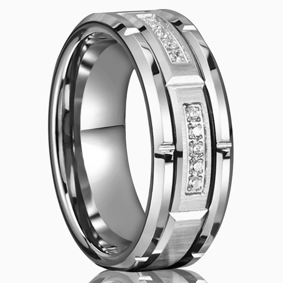 Tungsten Carbide Men's Ring, White Zircon 8mm Couple Wedding Ring, Fashion Hip Hop Suitable for Daily Wedding Party Wear_voghion.com