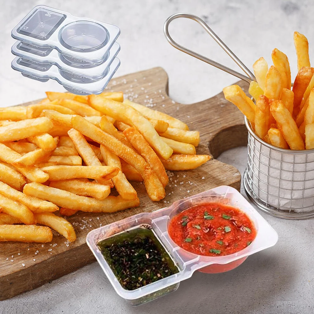Disposable Seasoning Container Double Compartment Transparent Condiment Container Sealed Plastic Portion Cup for To-Go Sauces