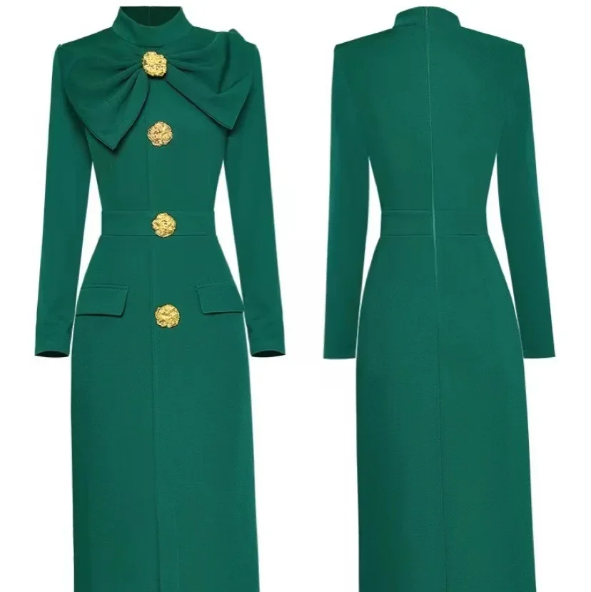 

Женское шерстяное платье средней длины, черное винтажное платье миди с длинным рукавом, бантом и золотыми пуговицами, украшенное жемчужинами, Осень-зима