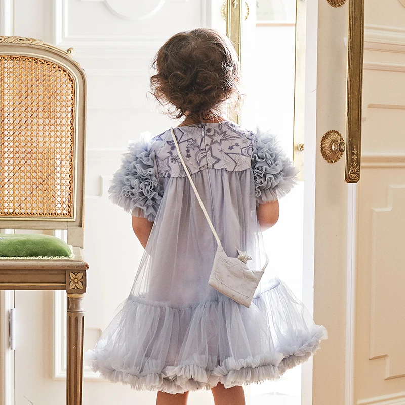 Dave Bella Gray Blue Princess Dress Party Birthday Dress Flower
