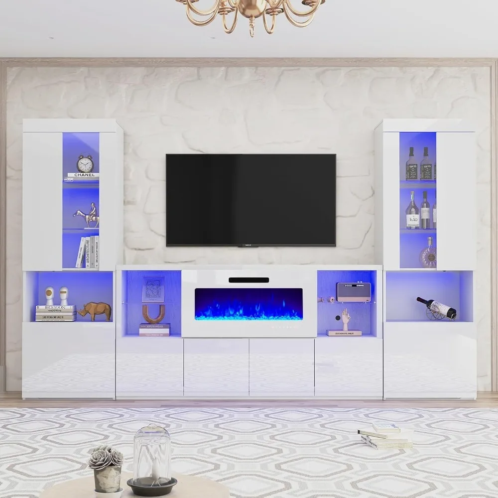 3 Piece Modern High Gloss Fireplace TV Stand + Bookcase Set for Living Room Includes 68" TV Stand with 40" Fireplace 2