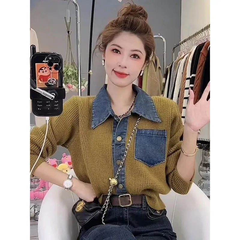 

Fake Two Piece cowboy Splice Sweater For Women's 2023 Autumn Winter Design Sense Polo Neck Loose Outer Wear Knitted Woolen Top