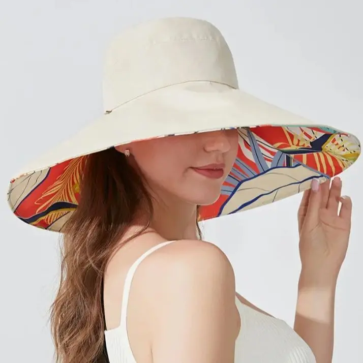 Summer Large Brim Reversible Fisherman's Hat Fashion Simple Printed Sun Shading Sunscreen Hat Female Tide Beach Vacation