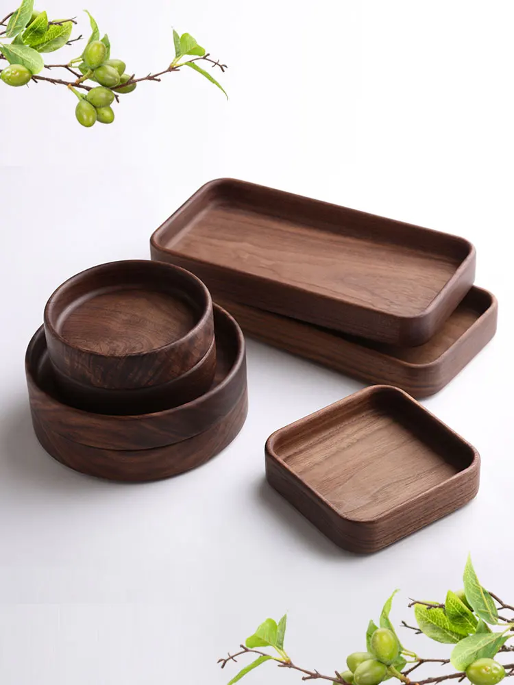 

Whole wooden snack plate Black walnut solid wooden dry fruit plate Japanese retro style candy storage square plate dinner plates