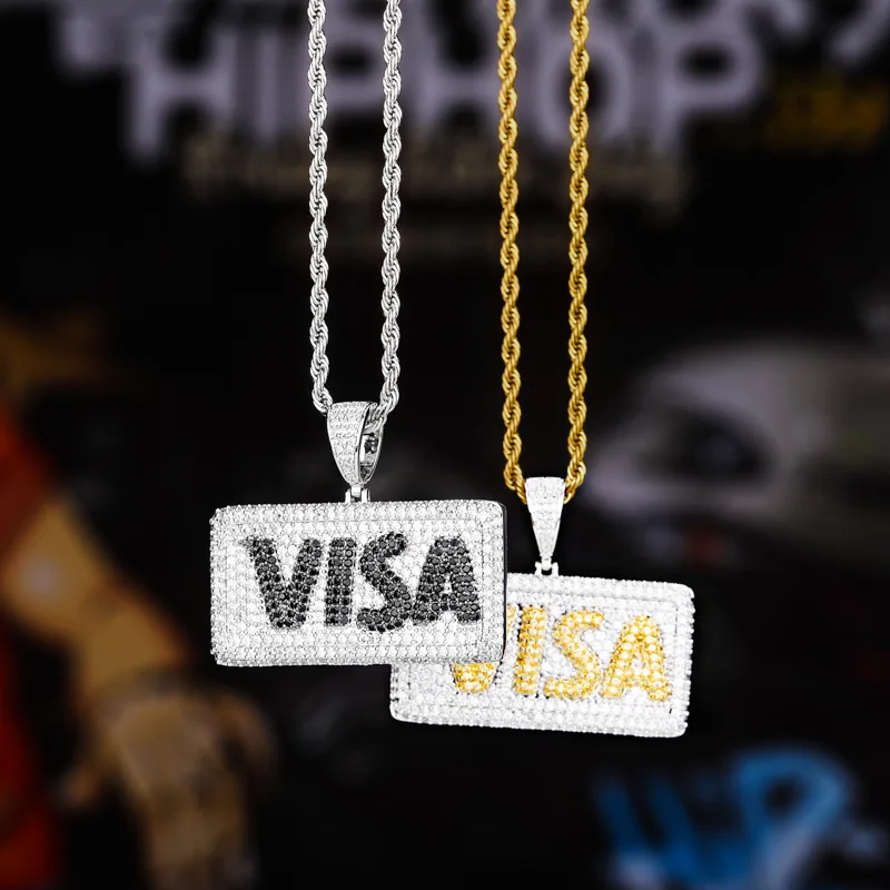 

Hip Hop Full AAA Cubic Zirconia Paved Bling Iced Out VISA Card Square Pendants Necklace for Men Rapper Jewelry Gold Color