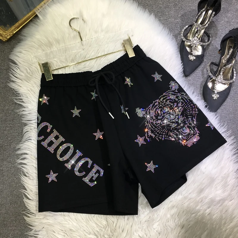 

Luxury Blingbling Hot Drilling Domineering Leopard Stars Casual Wide Leg Pants All-match Summer Elastic Waist Trendy Hot Shorts