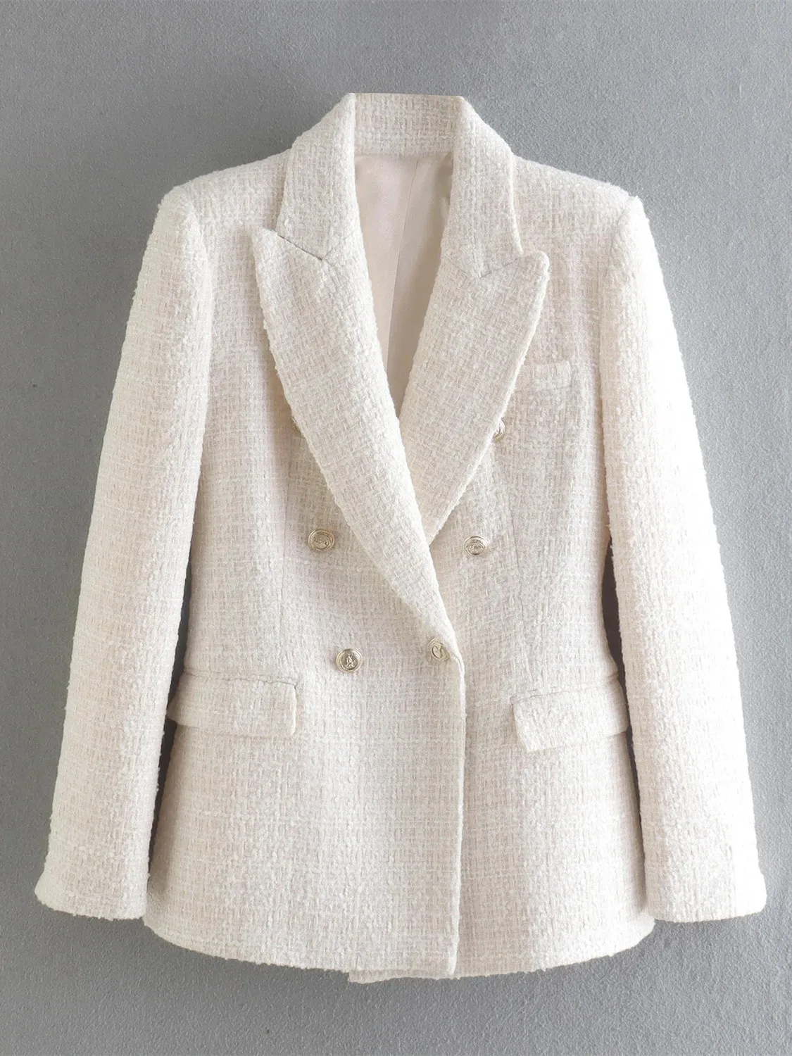 Blazer Tweed Femme Élégant - Double Boutonnage - Veste Bureau Mince - Printemps/Automne