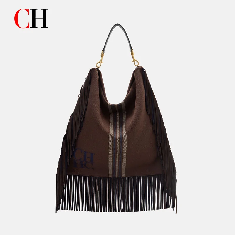 Borsa Hobo Vintage CH in Pelle Scamosciata con Frange per Donne, Borsa a Spalla con Lettere in Rilievo e Grandi Nappe, Borsa da Viaggio Quotidiana - immagine 5