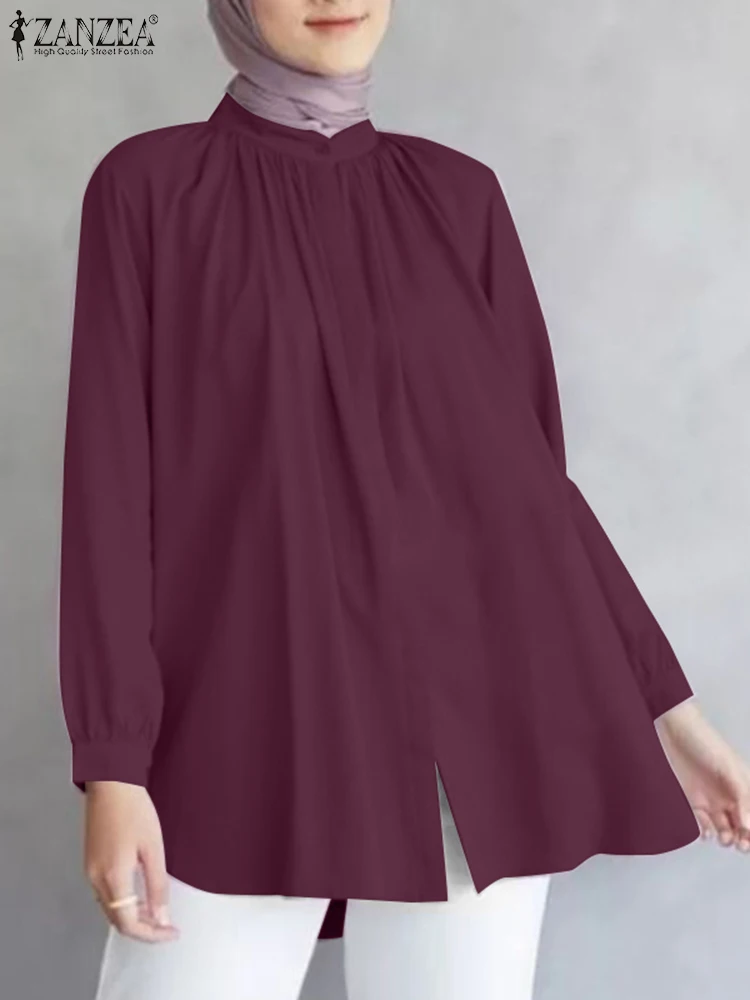 

Женская элегантная мусульманская рубашка ZANZEA с длинным рукавом, Весенняя однотонная Рабочая женская блузка, Повседневный Женский хиджаб