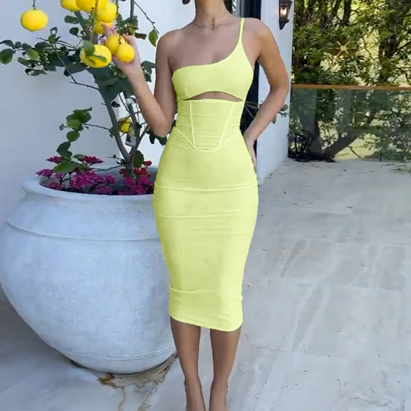 

BKLD One Shoulder Hollow Out Elegant Feminine Midi Dresses Sleeveless Open Back Fashion Solid Summer Bodycon Street Club Outfits