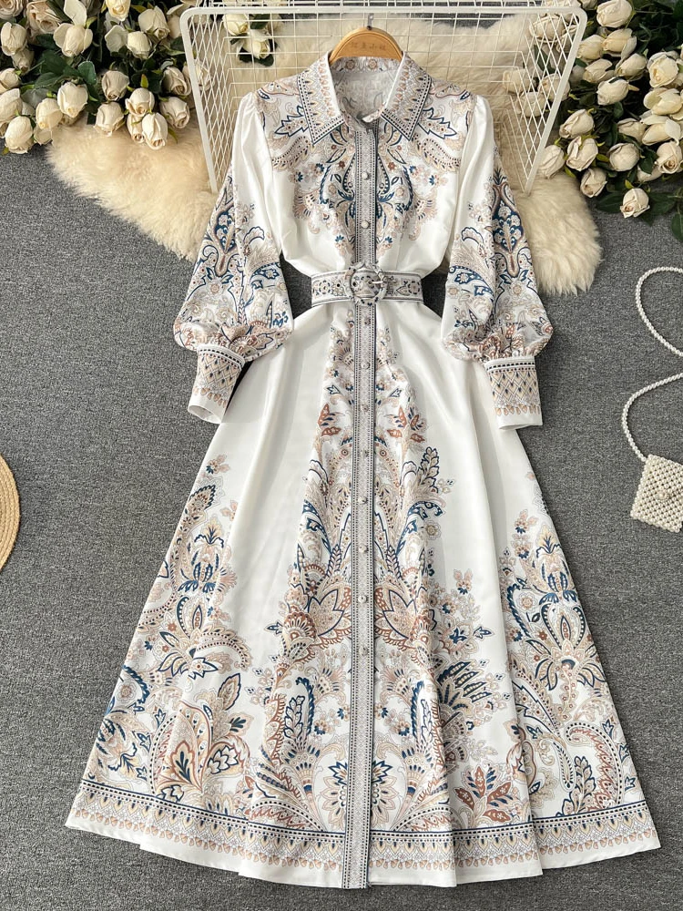 

Spring Autumn Vintage Shirt Dress Women Lantern Sleeves Lapel Print Elegant Party Dresses Ladies Palace Style Long Robe