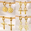 18K Gold Plated Portrait Coin Earrings for Women Men Stainless Steel Jesus Cross Dangle Huggie Earrings Waterproof Jewelry