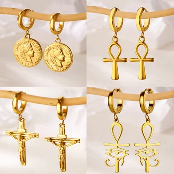18K Gold Plated Portrait Coin Earrings for Women Men Stainless Steel Jesus Cross Dangle Huggie Earrings Waterproof Jewelry