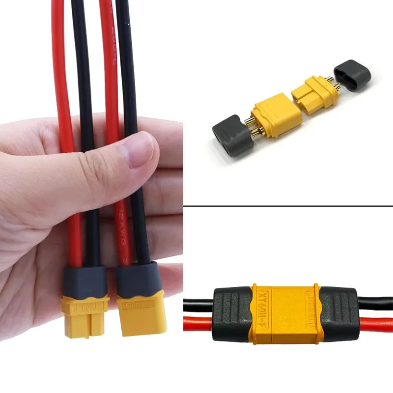 Gros plan sur connecteurs XT60H mâle et femelle soudés à un câble silicone 10AWG de 2 mètres.