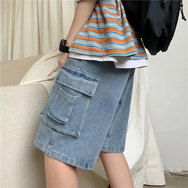 New Summer Retro Denim Shorts Korean Fashion Men's Travel Shopping High Quality Light Blue Business Youth Loose Shorts Large