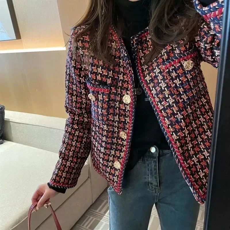 

Elegant Weave Plaid Women Blazer Pocket Plus Velvet Winter Causal Tweed Coat Office Ladies Suit Jacket D26