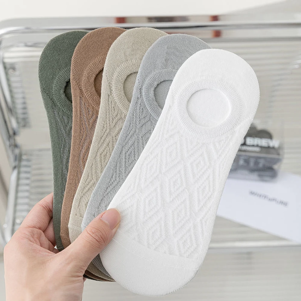 5Pairs Men Cotton Mesh Socks Non-slip Short Silicone Invisible Cotton Boat Socks Summer Solid Color Slipper No Show Ankle Socks
