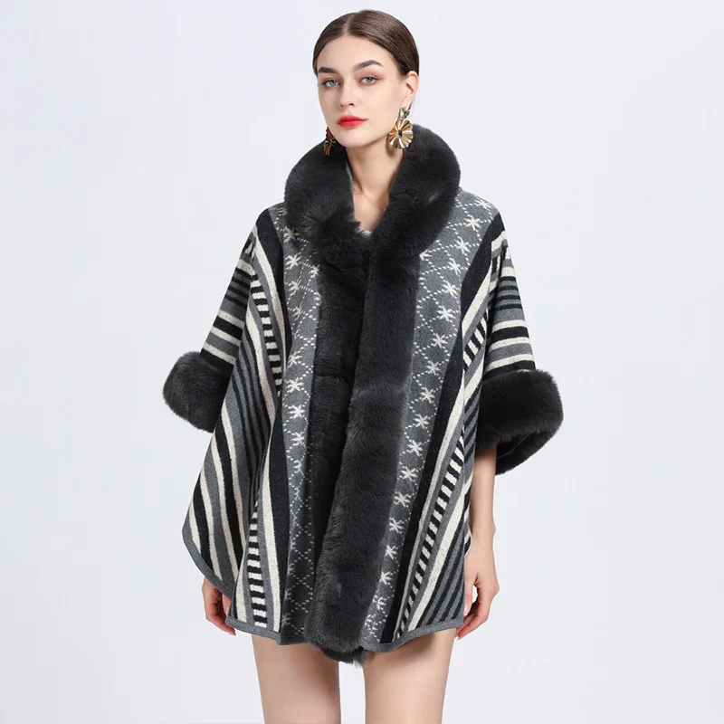 

#1137 Outerwear Vintage Cape Coat Women Loose Retro Long Poncho Ladies Warm Kimono Cardigan Batwing Cape Coat Fur Collar Winter