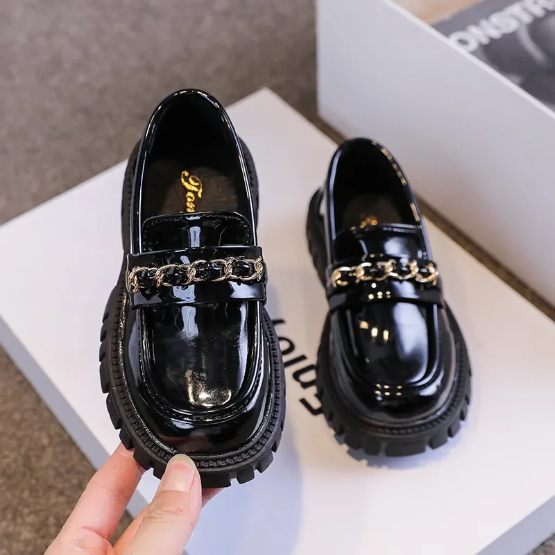 Princess Shoes 2024 Spring Black Loafers Baby Boys School Shoes Metal Kids Fashion Casual PU Glossy Children Cute Mary Janes New 2