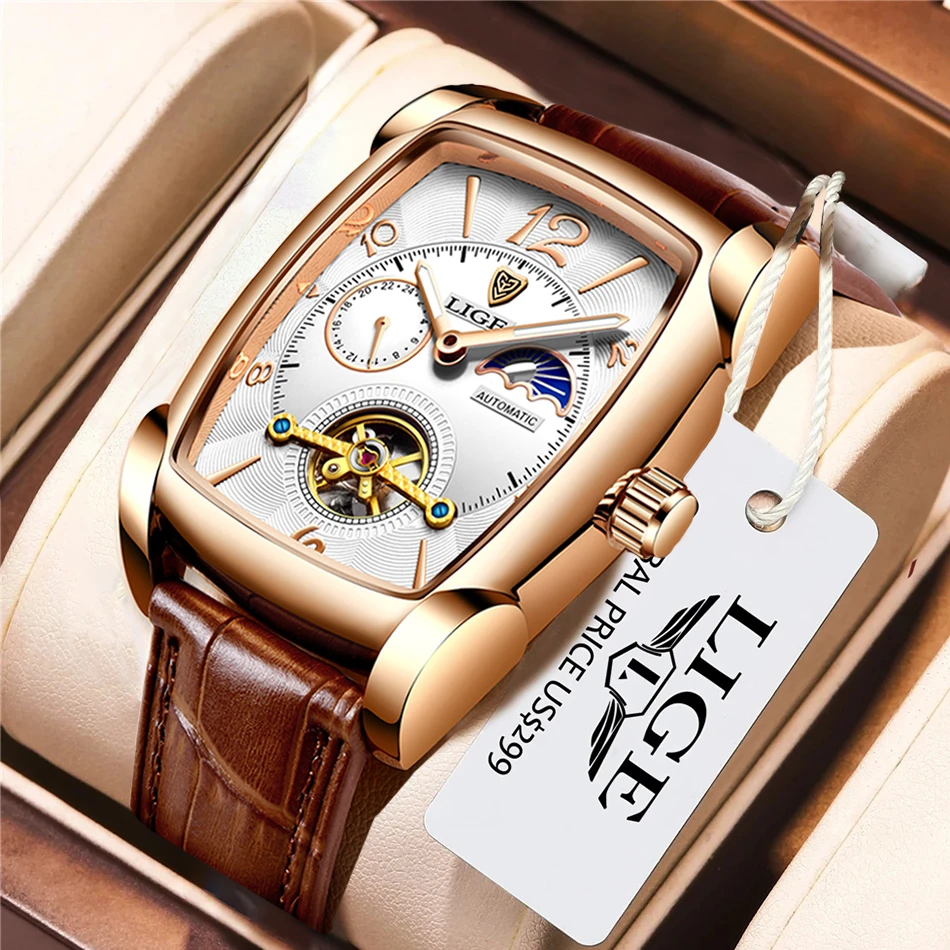 LIGE Top Brand Luxury Mens Watches Square Automatic Watch for Men Tourbillon Clock Genuine Leather Waterproof Mechanical Watches