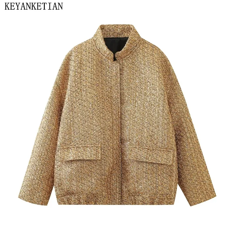 

KEYANKETIAN Autumn/Winter New Shiny Sequined Decoration Women's Gold Jacket Flap Pockets Zip-up Loose Fashion Crop Top Outerwear