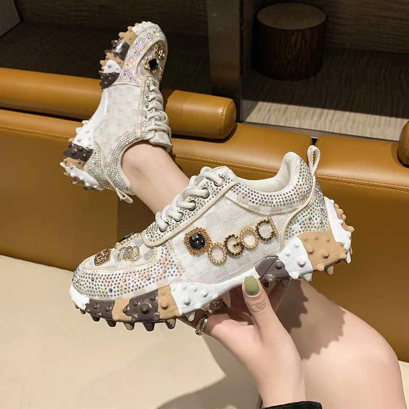 

Luxury Diamond Sneakers Women Thick Soled Running Shoes Ladies Zapatillas Mujer Vintage Leisure Shoes Woman Heighten Shoes Girls